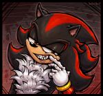  anthro black_body black_fur chest_tuft eulipotyphlan fur hedgehog male mammal portrait red_eyes red_stripes sega shadow_the_hedgehog simple_background skeletalheart sketch smile solo sonic_the_hedgehog_(series) stripes teeth tuft white_tuft 