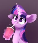  28gooddays container cup drinking equid equine friendship_is_magic fur gradient_background hair hasbro hi_res horn levitation magic mammal my_little_pony pink_body pink_fur portrait purple_eyes purple_hair simple_background solo straw twilight_sparkle_(mlp) unicorn 