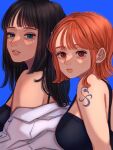  2girls absurdres aegyo_sal arm_tattoo bare_shoulders black_hair blue_background blue_eyes blunt_bangs brown_eyes commentary eyelashes highres long_hair looking_at_viewer medium_hair multiple_girls nami_(one_piece) nico_robin norimaki_(seidan0611) one_piece orange_hair parted_lips pink_lips simple_background tattoo teeth 