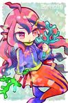  1girl arsil_(puyopuyo) border coral dated doradorakingyo eyelashes fins hair_ornament hairclip head_fins holding jacket long_hair long_sleeves mermaid monster_girl open_mouth pink_eyes pink_hair purple_jacket puyopuyo puyopuyo_quest sitting solo white_border zipper_pull_tab 