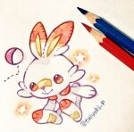  animal_focus art_tools_in_frame closed_mouth colored_pencil_(medium) commentary doradorakingyo highres looking_ahead no_humans orange_eyes poke_ball poke_ball_(basic) pokemon pokemon_(creature) scorbunny smile solo star_(symbol) symbol-only_commentary traditional_media twitter_username 