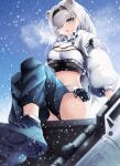  1girl :o animal_ears arknights aurora_(arknights) bear_ears black_shirt blue_eyes blue_sky breasts chaps cleavage crop_top highres jacket long_sleeves midriff navel open_mouth outdoors shirt sitting sky snow solo stomach thighs white_hair white_jacket yan_kodiac 