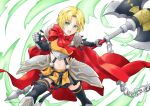  1girl absurdres amelia_(fire_emblem) aura black_skirt black_thighhighs blonde_hair breasts commentary_request curtained_hair eyelashes fire_emblem fire_emblem:_the_sacred_stones fire_emblem_heroes gauntlets green_eyes halberd highres holding holding_polearm holding_weapon looking_at_viewer midori_no_baku midriff navel open_mouth polearm short_hair skirt solo teeth thighhighs upper_teeth_only weapon white_background 