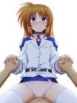  alternate_hairstyle belt belt_buckle blush brown_hair buckle buttons dark-skinned_male dark_skin eyebrows_hidden_by_hair grin hair_down highres holding_hands long_hair long_sleeves looking_at_viewer lyrical_nanoha mahou_shoujo_lyrical_nanoha navel oshimaru026 panties pink_panties purple_eyes red_ribbon ribbon sidelocks simple_background skirt smile solo_focus sweatdrop takamachi_nanoha tsab_air_military_uniform underwear white_background 