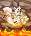  anthro bottomless burning butt butt_on_fire canid canine clothed clothing feet female fire fox fur gingitsune hand_on_butt haru_(gingitsune) lava mammal open_mouth pain scarf solo tail white_body white_fur yolin 