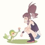  1girl :d black_vest blush boots brown_hair closed_eyes commentary_request flower from_side grass happy high_ponytail highres hilda_(pokemon) hime_(himetya105) long_hair open_mouth pink_flower pokemon pokemon_(creature) pokemon_bw shirt short_shorts shorts sidelocks smile snivy socks squatting vest white_shirt wristband 