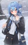  1girl absurdres alternate_costume asymmetrical_hair bag black_coat blue_eyes blue_hair blurry blurry_background blush bow coat commentary cowboy_shot double-parted_bangs flat_chest grey_scarf grey_skirt grey_sweater hair_bow hair_bun hair_intakes highres holding holding_umbrella hololive hoshimachi_suisei long_hair long_sleeves looking_at_viewer outdoors panda_0035 parted_lips pleated_skirt scarf school_bag single_side_bun skirt snowing solo standing star_(symbol) star_in_eye sweater symbol_in_eye transparent transparent_umbrella umbrella virtual_youtuber white_bow winter 