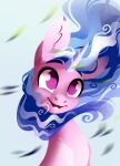  28gooddays blue_hair equid equine fur hair hasbro horn izzy_moonbow_(mlp) leaf mammal mlp_g5 my_little_pony open_mouth open_smile pink_body pink_fur portrait purple_eyes smile solo unicorn wind 