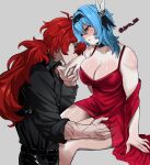  1boy 1girl absurdres alternate_costume blue_eyes blue_hair blush breasts commentary couple diluc_(genshin_impact) dress english_commentary eula_(genshin_impact) genshin_impact hand_on_another&#039;s_thigh hetero highres kiss kissing_hand large_breasts long_hair red_dress red_eyes red_hair scar scar_on_arm short_hair simple_background sitting twitter_username white_background zovokia 