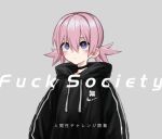 1girl black_choker black_hoodie blush choker closed_mouth english_text grey_background hood hood_down hoodie jacket original pink_hair profanity purple_eyes short_twintails simple_background solo toxic_ghost track_jacket twintails upper_body 