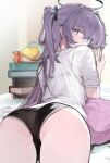  1girl absurdres ass blue_archive book cowboy_shot food from_behind halo highres holding holding_book indoors long_hair mechanical_halo movik panties purple_eyes purple_hair shirt short_sleeves smile solo underwear white_shirt yuuka_(blue_archive) 