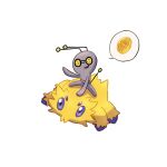  animal_focus antennae blue_eyes bug coin colored_skin commentary_request gimmighoul grey_skin highres joltik no_humans pokemon pokemon_(creature) riding riding_pokemon simple_background thought_bubble white_background yellow_eyes yellow_fur yu_(pocketsun636) 