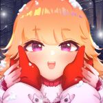 2girls blush coat couple female_pov fur_trim gloves grabbing hands_on_another&#039;s_cheeks hands_on_another&#039;s_face highres holding_another&#039;s_wrist holding_hands hololive hololive_english hyurisaki long_hair looking_at_viewer mori_calliope multiple_girls open_mouth orange_hair out_of_frame pov pov_hands purple_eyes smile takanashi_kiara virtual_youtuber winter_clothes winter_coat yuri 