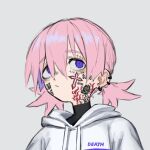  1girl barcode barcode_tattoo closed_mouth clothes_writing cross_tattoo ear_piercing english_text facial_tattoo flower_tattoo hair_between_eyes highres hood hood_down original piercing pink_hair purple_eyes short_twintails simple_background solo tattoo toxic_ghost twintails upper_body 