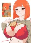  1girl absurdres alternate_breast_size blunt_bangs bob_cut bra breasts bright_pupils brown_eyes brown_sweater closed_mouth clothes_lift food food_between_breasts french_fries half-closed_eyes highres huge_breasts looking_at_viewer mcdonald&#039;s mother_(yoru_mac) orange_hair red_bra redeadman100 reference_inset short_hair smile solo sweater sweater_lift twitter_username underwear upper_body white_background white_pupils yoru_mac 