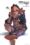  1boy ? black_hair black_jacket blue_eyes blue_shorts chinese_text closed_mouth dark-skinned_male dark_skin feijio_yizhi half-closed_eyes highres holding holding_phone hood hooded_jacket jacket looking_at_viewer male_focus phone pokemon pokemon_swsh raihan_(pokemon) rotom rotom_phone shorts simple_background sitting smile translation_request white_background 