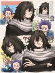  !? 2boys bags_under_eyes black_hair black_shirt bloodshot_eyes blue_shirt boku_no_hero_academia crossed_arms cup eraser_head_(boku_no_hero_academia) facial_hair frown goatee grey_scarf hair_between_eyes highres holding holding_cup holding_spoon male_focus messy_hair multiple_boys mustache one_eye_closed open_mouth purple_hair rnuyvm scar scar_on_face scarf shinsou_hitoshi shirt spoon sweatdrop thought_bubble translation_request 