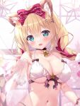  1girl :3 animal_ear_fluff animal_ears aqua_eyes arm_at_side bell bikini black_choker blonde_hair blush bow breasts cat_ears cat_girl choker cleavage collarbone commentary curtains curvy eyelashes hair_between_eyes hair_bow hair_ornament halterneck hand_up head_tilt large_breasts looking_at_viewer midriff mikeou multicolored_hair navel neck_bell open_mouth original red_bow red_hair sidelocks simple_background smile solo star_(symbol) star_hair_ornament streaked_hair swimsuit upper_body white_background white_bikini window 