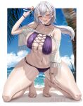  1girl anti_kumo azur_lane bare_shoulders between_legs bikini breasts choker cleavage collarbone covered_nipples cross-laced_bikini cross-laced_clothes grey_hair hand_between_legs hand_up highres kneeling large_breasts long_hair lotion official_alternate_costume one_eye_closed open_mouth purple_bikini purple_choker reno_(azur_lane) reno_(summer_spin-off)_(azur_lane) sideboob smile swimsuit watch wet white_hair wristwatch 
