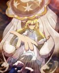  1girl absurdres blonde_hair blue_footwear boots commentary_request dress emphasis_lines eyelashes green_eyes highres jellyfish lillie_(pokemon) long_hair nihilego pokemon pokemon_(creature) pokemon_sm reaching reaching_towards_viewer smile tentacles white_dress yu_(pocketsun636) 