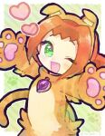  1girl ally_(puyopuyo) animal_costume blush border brooch cat_costume doradorakingyo eyelashes green_background green_eyes heart jewelry looking_at_viewer open_mouth orange_hair outstretched_arms paw_print pawpads puyopuyo puyopuyo_chronicle puyopuyo_quest short_hair solo spread_arms white_border 