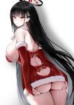 1girl ass black_hair blue_archive blush breasts bridal_gauntlets closed_mouth cowboy_shot hair_ornament hairpin halo highres large_breasts long_hair looking_at_viewer picter red_eyes rio_(blue_archive) santa_costume simple_background solo white_background 