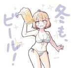  1girl ahoge alcohol bandaid bandaid_on_face beer beer_mug bikini breasts cleavage cup fang front-tie_bikini_top front-tie_top green_bikini grey_eyes highres kantai_collection light_brown_hair medium_breasts mug oboro_(kancolle) short_hair side-tie_bikini_bottom skin_fang smile solo sparkle standing striped striped_bikini swimsuit tatahai 