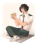  1boy animal boku_no_hero_academia brown_cat cat closed_eyes collared_shirt eraser_head_(boku_no_hero_academia) facing_ahead green_pants grin happy highres holding holding_animal holding_cat indian_style male_focus necktie pants red_necktie rnuyvm school_uniform shirt shoes short_hair sitting smile sneakers solo u.a._school_uniform white_shirt 