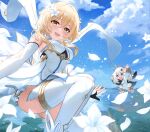  2girls :d ayul_(ayulneri_92) blonde_hair blue_sky clous commentary_request day flower flying genshin_impact hair_between_eyes hair_flower hair_ornament highres looking_at_viewer lumine_(genshin_impact) medium_hair multiple_girls open_mouth outdoors paimon_(genshin_impact) petals sky smile thighhighs white_flower white_thighhighs whites_hair yellow_eyes 