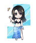  1girl :3 bare_shoulders belly bikini black_bikini black_hair blue_background blue_sarong chibi commentary_request dated final_fantasy final_fantasy_viii gem grey_eyes hand_up hiryuu_(kana_h) jewelry multicolored_hair navel necklace notice_lines pearl_(gemstone) pearl_hair_ornament rinoa_heartilly sarong signature smile solo square_background standing streaked_hair summer swimsuit waving 
