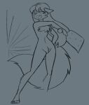  anthro averi_(fiddleafox) canid canine female female_anthro fox fur hair hitting leg_markings looking_down mammal markings monochrome paddle paws simple_background socks_(marking) solo thighlordash 