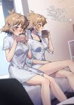  2girls bed black_bra blush bra breasts brown_eyes closed_mouth collarbone collared_shirt commentary_request cup dress feet_out_of_frame highres holding holding_cup indoors light_brown_hair multiple_girls on_bed senki_zesshou_symphogear shirt short_hair sitting tachibana_hibiki_(symphogear) tachibana_hibiki_(symphogear)_(another) translation_request underwear white_dress white_shirt yukitsuba_hina 