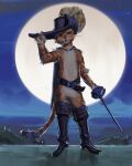  anthro clothed clothing domestic_cat dreamworks evening felid feline felis green_eyes hi_res holding_object holding_weapon karcador male mammal melee_weapon moon night outside partially_clothed puss_in_boots_(character) puss_in_boots_(dreamworks) rapier sky solo standing sword tabby_cat weapon 