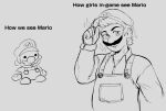  1boy chibi clothes_writing facial_hair gloves hat hat_tip highres looking_at_viewer mario mario_(series) monochrome mustache nintendo omega_haunter open_mouth overalls shirt sparkle 