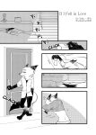  absurd_res anthro atlantica0208 bed bedroom black_and_white canid canine clothing comic disney door fox furniture hard_translated hi_res male mammal monochrome nick_wilde solo tail text translated undressing waking_up zootopia 