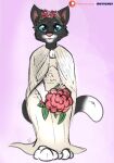  anthro blue_eyes bouquet clothing domestic_cat dreamworks dress felid feline felis female flower flower_bouquet happy hi_res holding_object kitty_softpaws looking_at_viewer mammal pink_background plant puss_in_boots_(dreamworks) signature simple_background smile solo standing theinspiredsphynx tuxedo_cat wedding_dress 