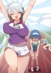  3girls athletics blue_hair breasts commission fallen_down highres hoshino_rika hoshino_ushio large_breasts medium_hair multiple_girls pixiv_commission starmine_(manga) stroma 