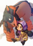  1girl ;) anidf belt black_belt black_footwear blush_stickers bonnet boots bright_pupils closed_mouth commentary_request gloves grey_eyes hapu_(pokemon) highres jumpsuit mudsdale one_eye_closed pokemon pokemon_(creature) pokemon_sm purple_headwear short_sleeves sitting smile white_pupils 