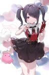  1girl ame-chan_(needy_girl_overdose) balloon black_hair black_nails black_ribbon black_skirt blue_bow bow closed_mouth collared_shirt commentary_request cowboy_shot hair_ornament hair_over_one_eye hair_tie hands_up heart_balloon highres holding holding_phone long_hair looking_at_viewer multicolored_nails neck_ribbon needy_girl_overdose nogi_momoko octopus phone pill pout purple_eyes red_nails red_shirt ribbon shirt shirt_tucked_in skirt solo standing suspender_skirt suspenders twintails white_background x_hair_ornament 
