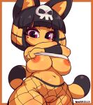  2023 animal_crossing ankha_(animal_crossing) anthro areola bangs big_breasts biped black_ears black_hair black_tail blunt_bangs bob_cut bone border bracelet breasts cel_shading clitoris clothed clothing clothing_lift colored crossed_arms digital_media_(artwork) domestic_cat eyeshadow felid feline felis female fishnet fishnet_bottomwear fishnet_clothing fishnet_legwear front_view genitals hair hi_res jewelry legwear looking_at_viewer low-angle_view makeup mammal markings midriff mostly_nude nauskills navel nintendo nipples orange_border purple_eyeshadow pussy red_eyes shaded shirt shirt_lift signature simple_background skull skull_accessory solo striped_markings striped_tail stripes tail tail_markings thick_thighs topwear undressing white_background white_clothing white_shirt white_topwear wide_hips yellow_body yellow_inner_ear yellow_tail 