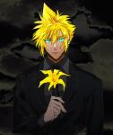  1boy aqua_eyes black_jacket black_necktie black_suit blonde_hair closed_mouth cloud_strife collared_shirt earrings final_fantasy final_fantasy_vii final_fantasy_vii_remake flower grey_shirt hair_between_eyes highres holding holding_flower jacket jewelry lily_(flower) long_sleeves looking_at_viewer male_focus necktie shio_ga shirt short_hair single_earring solo spiked_hair suit suit_jacket upper_body yellow_flower 