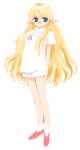  1girl bare_shoulders blonde_hair blue_eyes elf full_body long_hair looking_at_viewer lowres non-web_source original oyari_ashito pink_footwear pointy_ears shirt short_shorts short_sleeves shorts socks solo transparent_background very_long_hair white_shirt white_shorts white_socks 