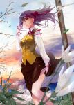  1girl blue_flower blue_sky breath brown_skirt brown_vest cloud commentary_request day fate/stay_night fate_(series) floating_hair flower hair_between_eyes hair_ribbon highres homurahara_academy_school_uniform leaf lips long_hair long_sleeves matou_sakura mikazuki_akira! outdoors parted_lips pink_lips purple_eyes purple_hair purple_ribbon ribbon school_uniform shirt skirt sky solo thighs tree vest white_flower white_shirt 