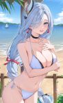  1girl absurdres beach bikini blue_eyes blush braid braided_ponytail breasts cleavage collarbone day genshin_impact hair_ornament hair_over_one_eye highres large_breasts long_hair looking_at_viewer navel ocean outdoors rosumerii shenhe_(genshin_impact) smile solo stomach swimsuit tassel white_bikini 