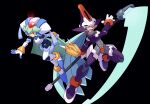  1boy 1girl armor black_background blue_hair crop_top energy_blade green_hair helmet highres holding holding_scythe holding_weapon light_blue_hair long_hair mega_man_(series) mega_man_zx omeehayo pandora_(mega_man) prometheus_(mega_man) red_eyes scythe staff tagme weapon zu_mame 