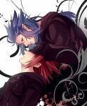  2boys axel_(kingdom_hearts) black_coat black_coat_(kingdom_hearts) black_gloves blue_hair coat commentary_request covered_eyes covering_another&#039;s_eyes cross_scar earrings furrowed_brow gloves hand_on_another&#039;s_face highres jewelry kingdom_hearts kingdom_hearts_358/2_days kingdom_hearts_ii leaf leaning leaning_back leaning_forward long_coat long_hair looking_at_another looking_down male_focus medium_hair minatoya_mozuku multiple_boys organization_xiii parted_lips pointy_ears red_hair sad saix scar scar_on_face sidelocks spiked_hair stud_earrings yellow_eyes 