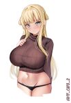  1girl blonde_hair blush breasts brown_sweater closed_mouth commentary_request cowboy_shot fletcher_(kancolle) hair_flaps hand_on_own_chest highres kantai_collection large_breasts long_hair looking_at_viewer midriff navel one-hour_drawing_challenge simple_background solo sweater tf_cafe twitter_username white_background yellow_eyes 