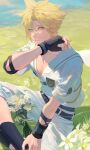  1boy alternate_color aqua_eyes belt black_belt black_gloves black_socks blonde_hair bouquet cloud_strife cluck_gugu earrings elbow_pads feet_out_of_frame final_fantasy final_fantasy_vii final_fantasy_vii_ever_crisis final_fantasy_vii_remake fingerless_gloves flower gloves hair_between_eyes highres indian_style jewelry looking_at_viewer male_focus official_alternate_costume outdoors parted_lips pectorals sailor_collar shirt short_hair short_sleeves shorts single_earring single_elbow_pad single_glove sitting socks solo spiked_hair toned toned_male white_flower white_sailor_collar white_shirt white_shorts 