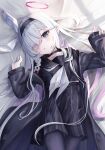  1girl :o bed_sheet black_choker black_coat black_hairband black_pantyhose black_serafuku blue_archive blush braid choker coat colored_inner_hair grey_hair hair_over_one_eye hair_spread_out hairband halo highres long_hair looking_at_viewer lying mashilon multicolored_hair neckerchief on_back pantyhose pink_hair plana_(blue_archive) pleated_skirt school_uniform serafuku sheet_grab single_braid skirt solo two-tone_hair white_neckerchief 