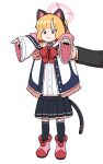  1girl animal_ear_headphones animal_ears black_skirt black_socks blonde_hair blue_archive cat_ear_headphones cat_tail closed_mouth commentary fake_animal_ears fake_tail full_body headphones highres jacket lifting_person long_sleeves longcat_(meme) meme momoi_(blue_archive) nutkingcall pink_footwear pleated_skirt red_eyes shirt simple_background skirt sleeves_past_wrists smile socks solo_focus tail white_background white_jacket white_shirt wide_sleeves 